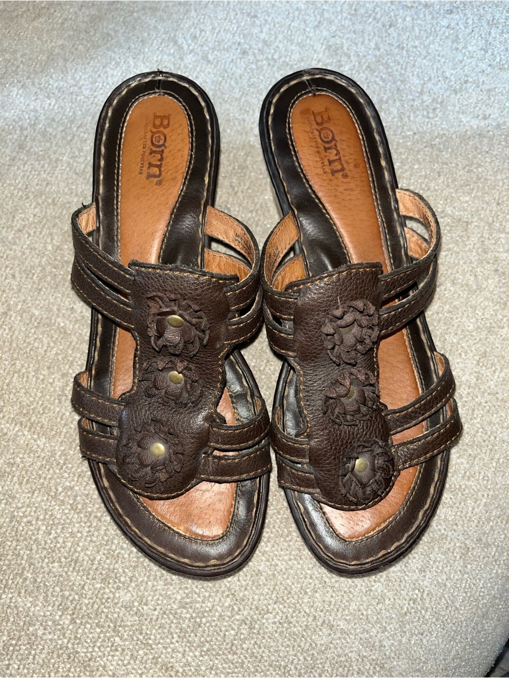 Born Brown Leather Floral Slide Mules with Triple Straps